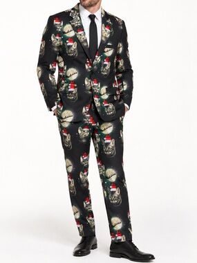 Life of the Party Men's Black Holiday Cat Fun Print Blazer & Pant Suit Size XXL